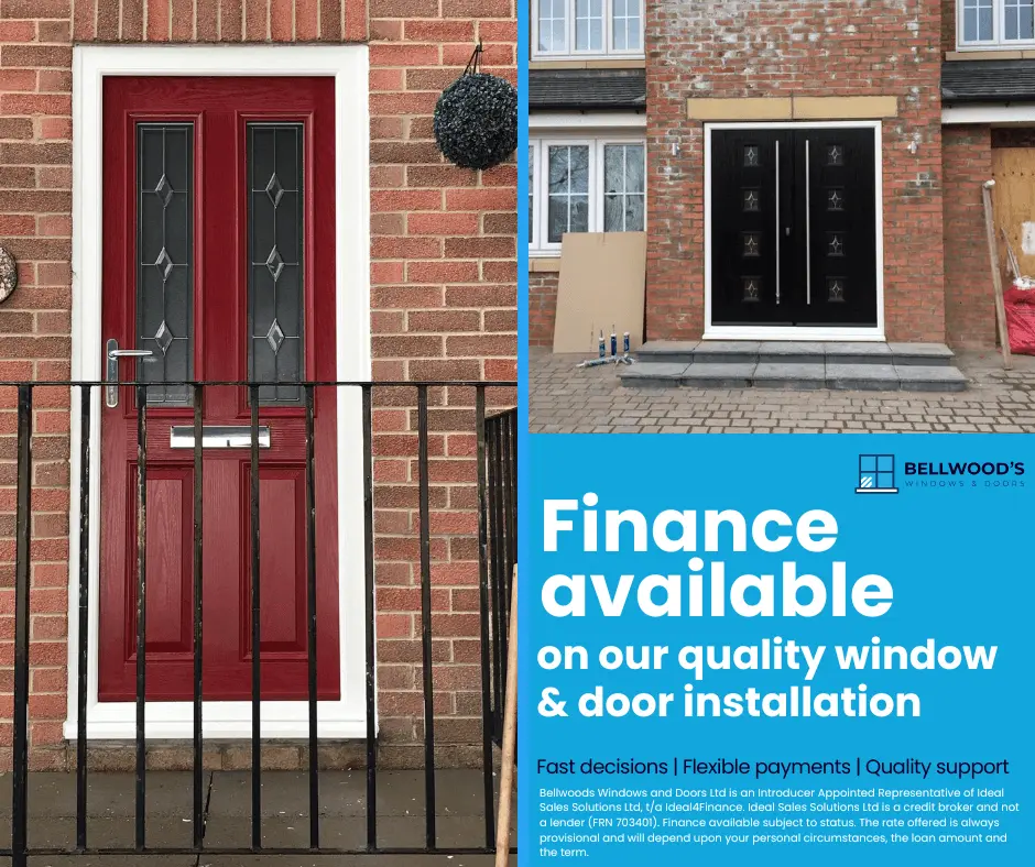 Red door with finance available info next to it